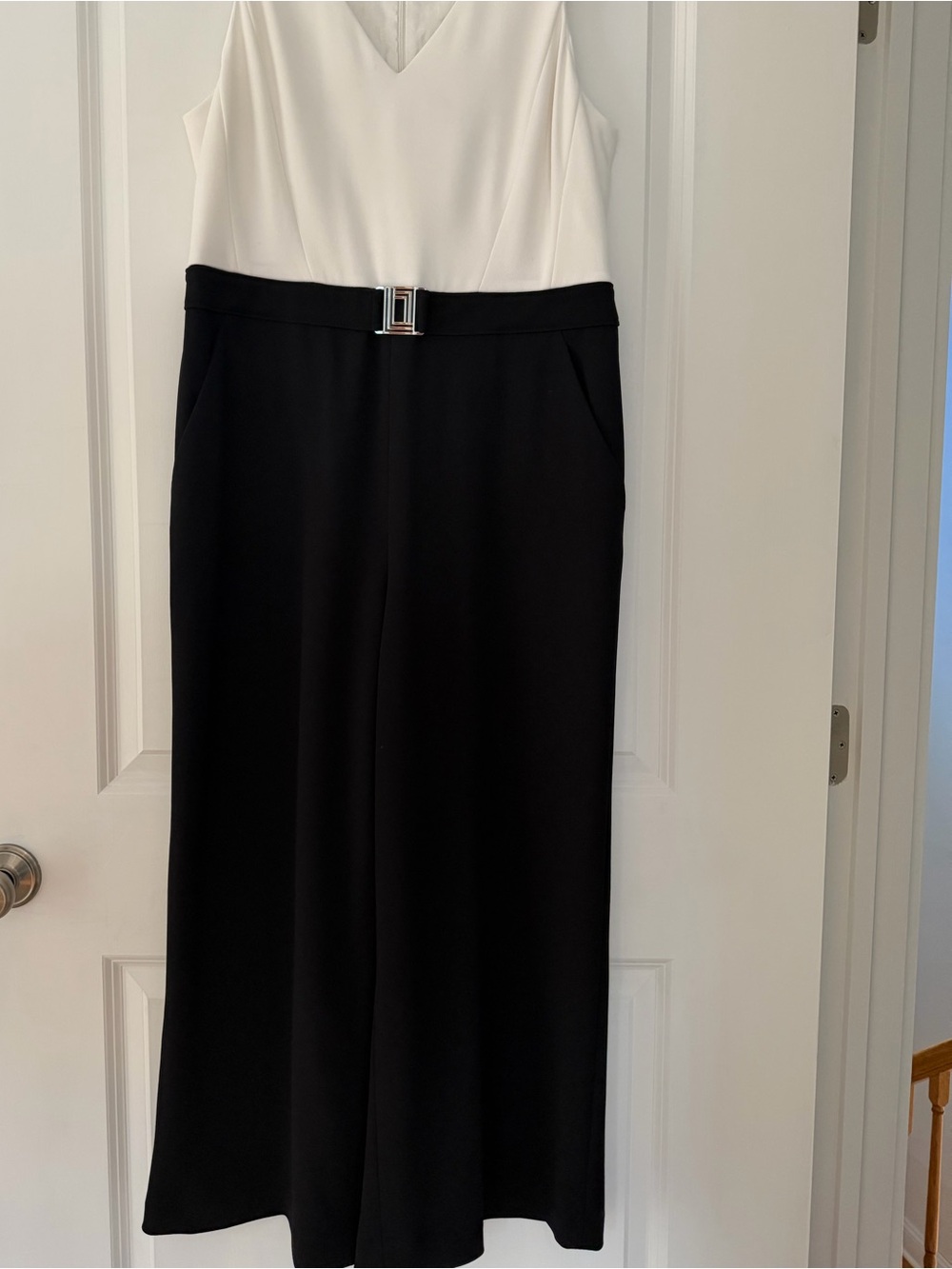 Karl Lagerfeld Black and White V-Neck Belted Jumpsuit